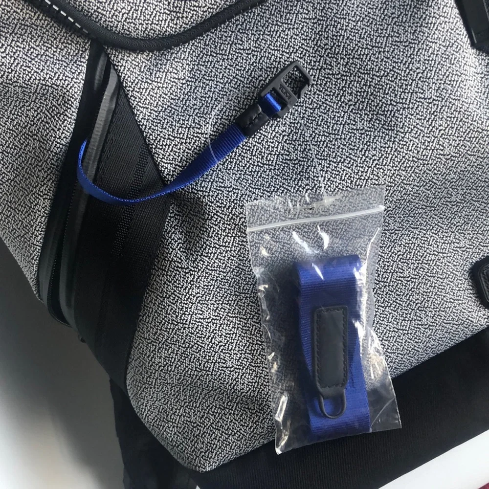 Tumi Gray & Black Textured Backpack with Blue Accent Strap